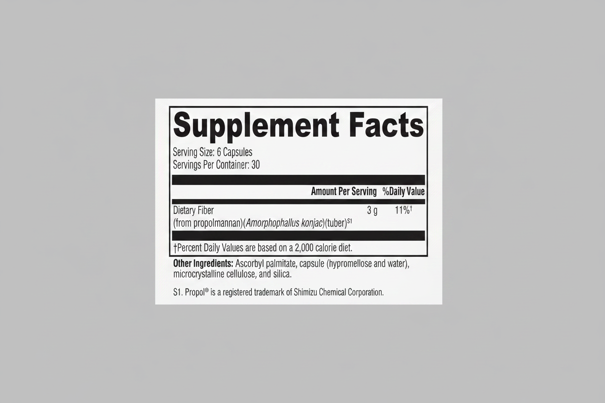 Supplement facts label with dietary fiber content on a white background