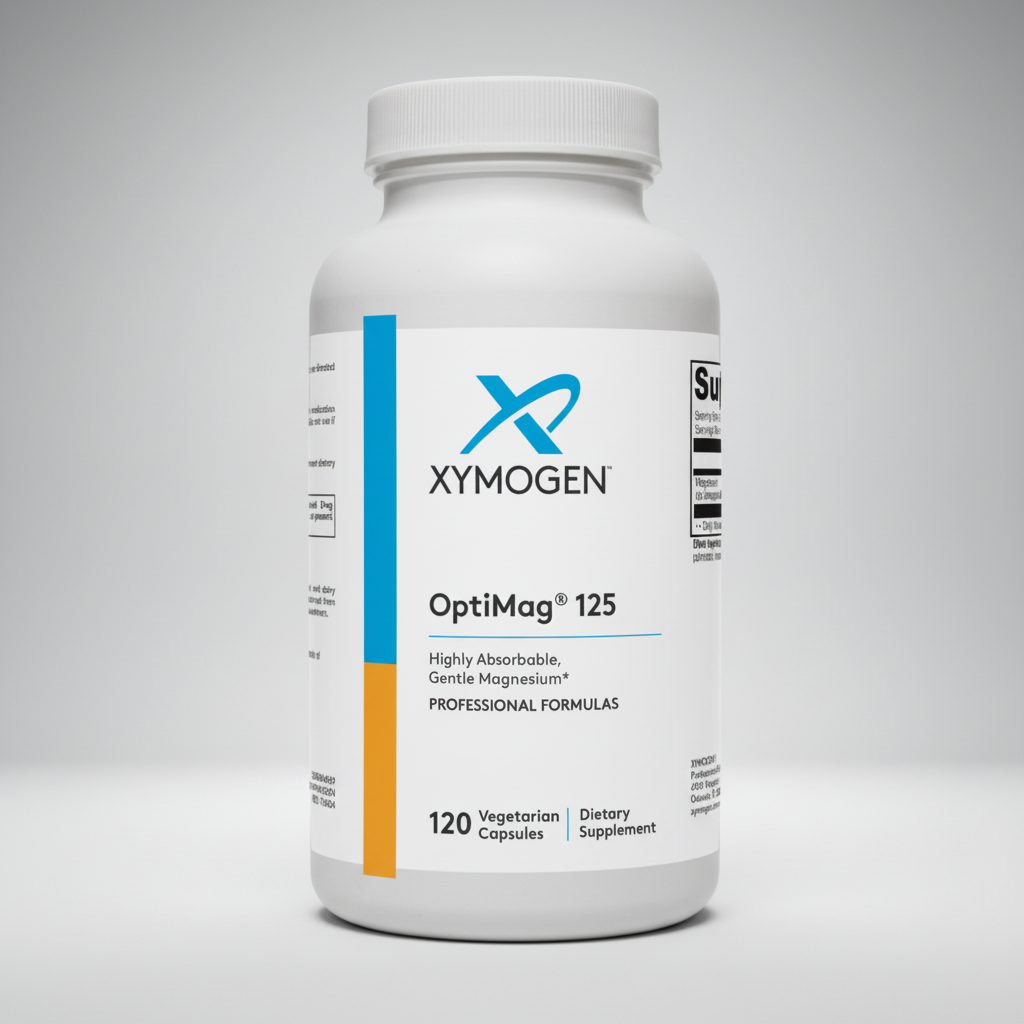 Xymogen OptiMag 125 dietary supplement bottle on a white background