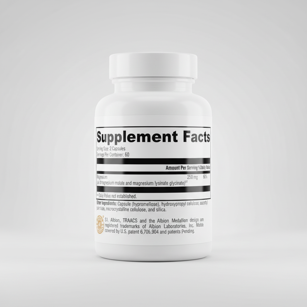 Supplement facts label with magnesium content on a white background