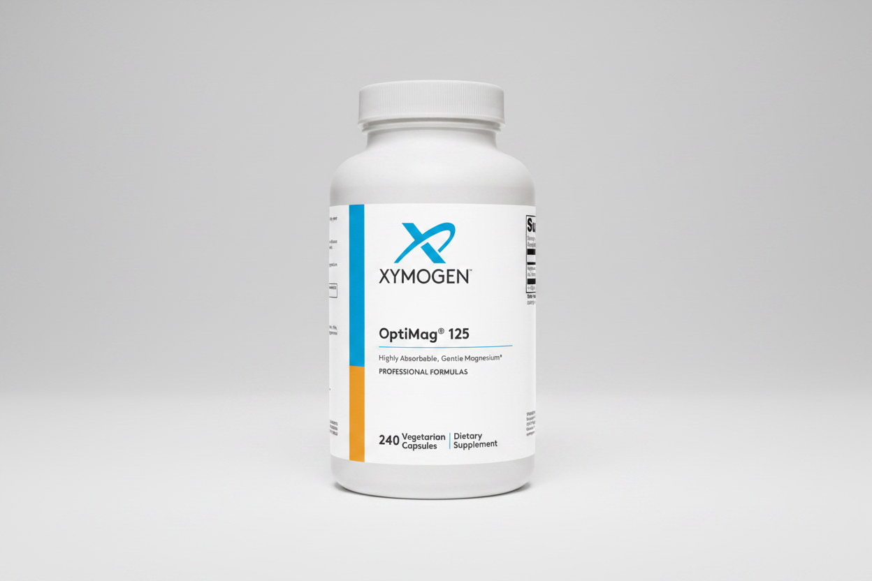 Xymogen OptiMag 125 dietary supplement bottle on a white background