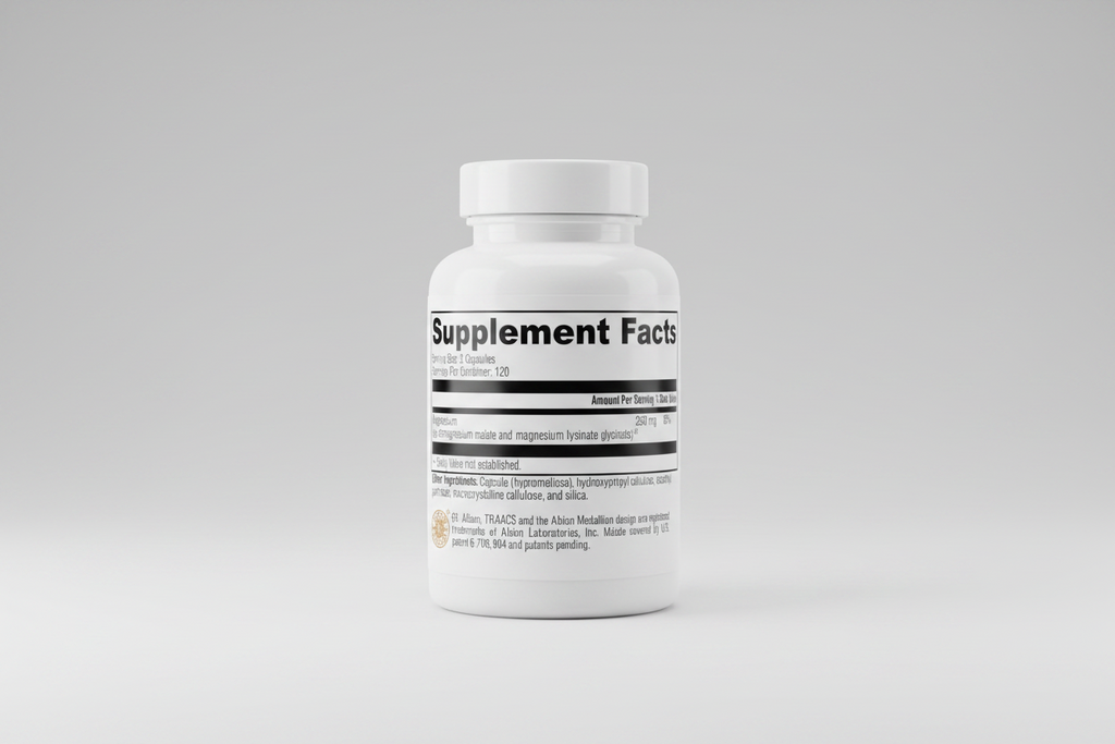 Supplement facts label with magnesium content on a white background