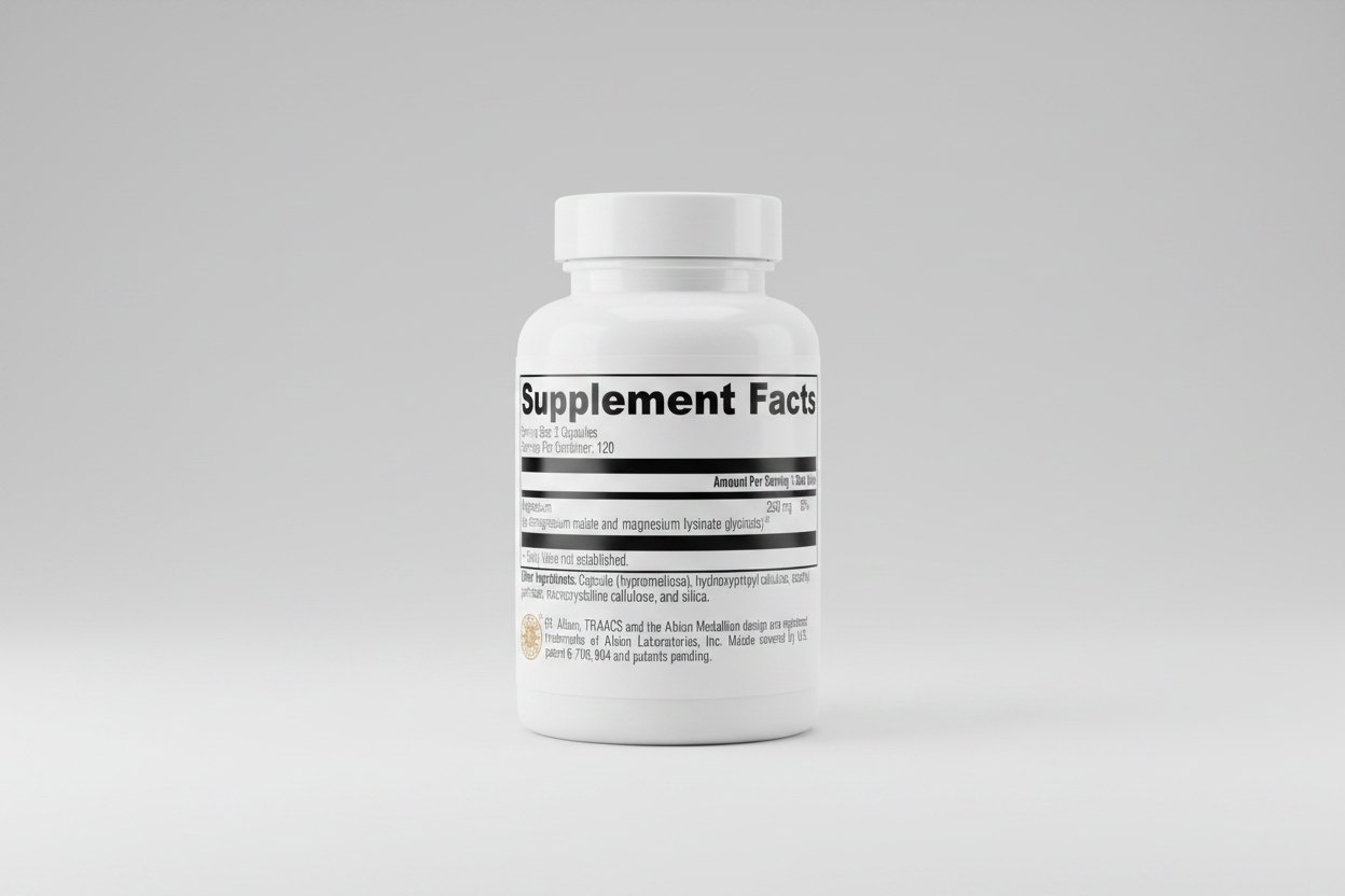 Supplement facts label with magnesium content on a white background