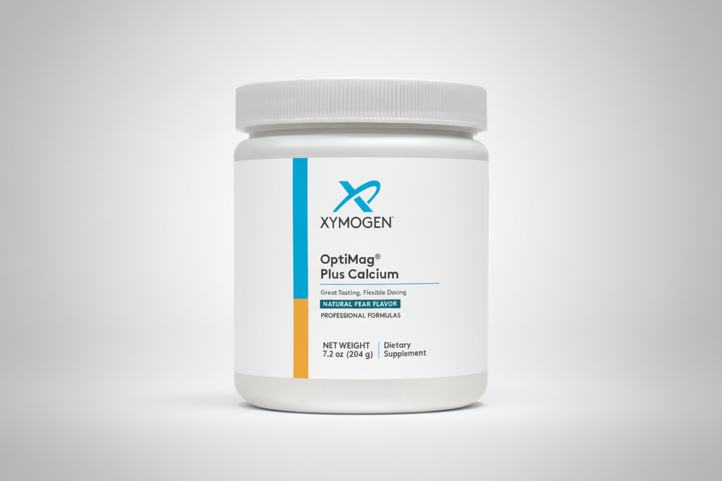 Xymogen OptiMag Plus Calcium supplement container on a white background