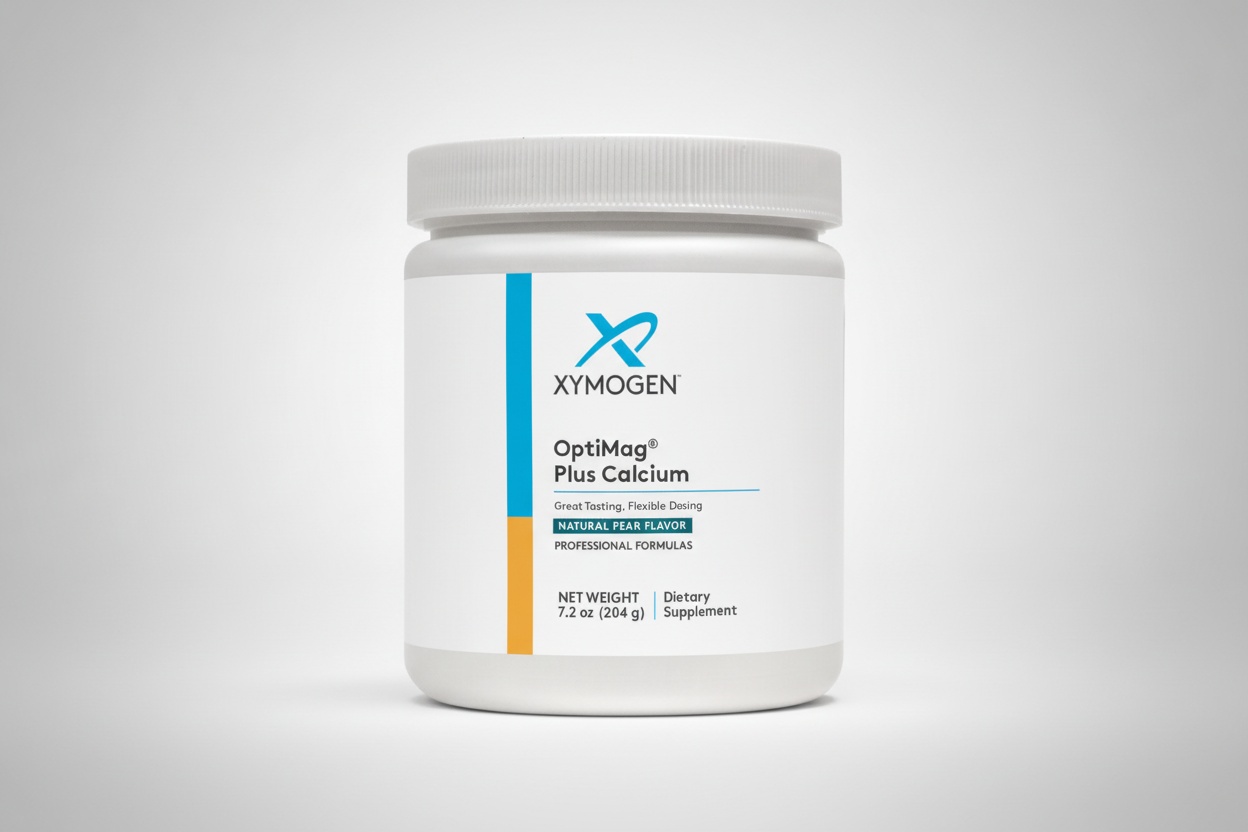Xymogen OptiMag Plus Calcium supplement container on a white background
