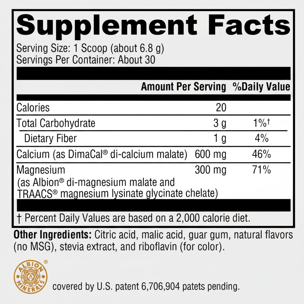 Supplement facts label with nutritional information and Albion Laboratories branding.