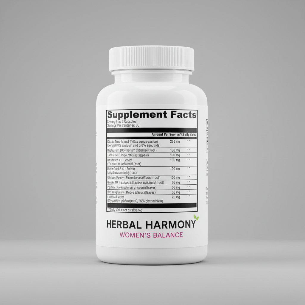 Supplement facts label with various herbal extracts and their amounts per serving.