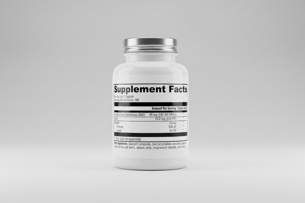 Supplement facts label with various enzymes and their amounts per serving.
