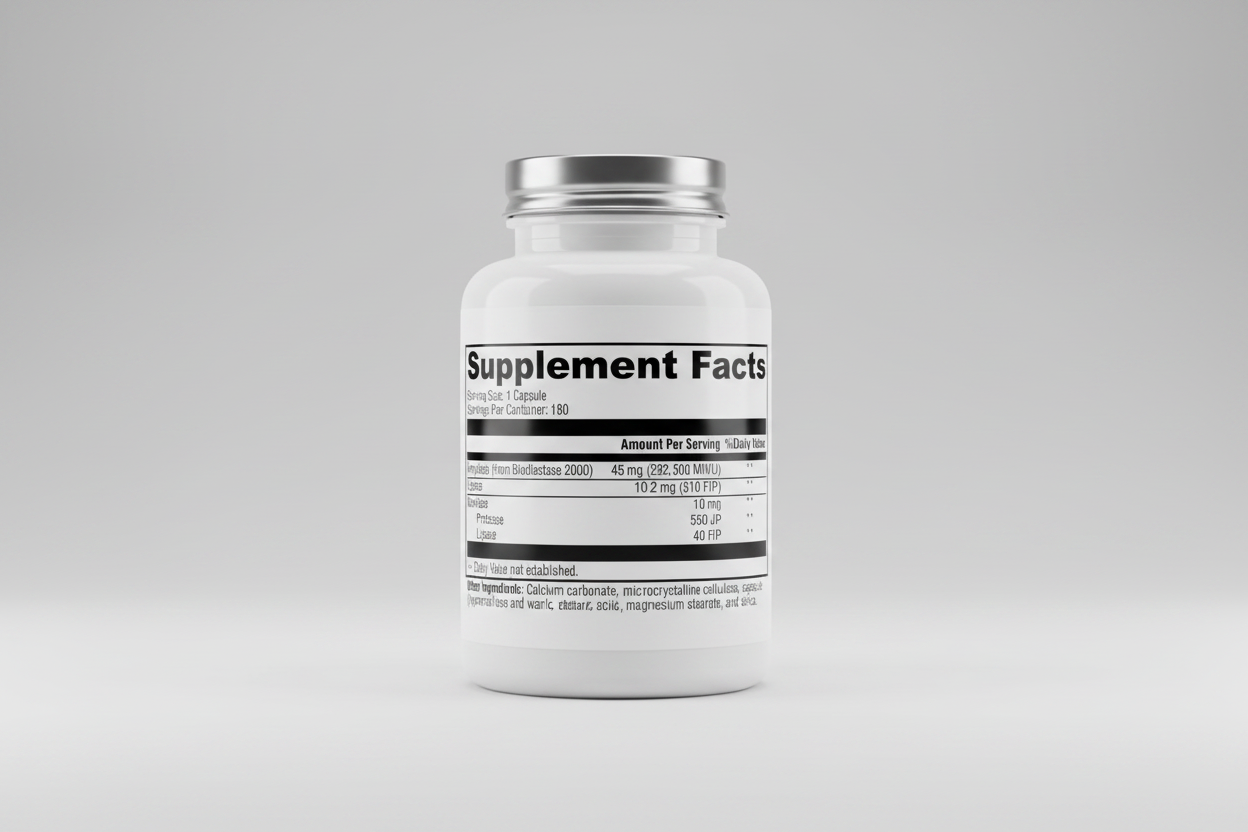 Supplement facts label with various enzymes and their amounts per serving.