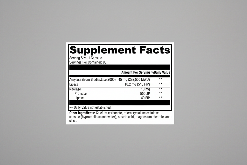Supplement facts label with detailed nutritional information on a white background