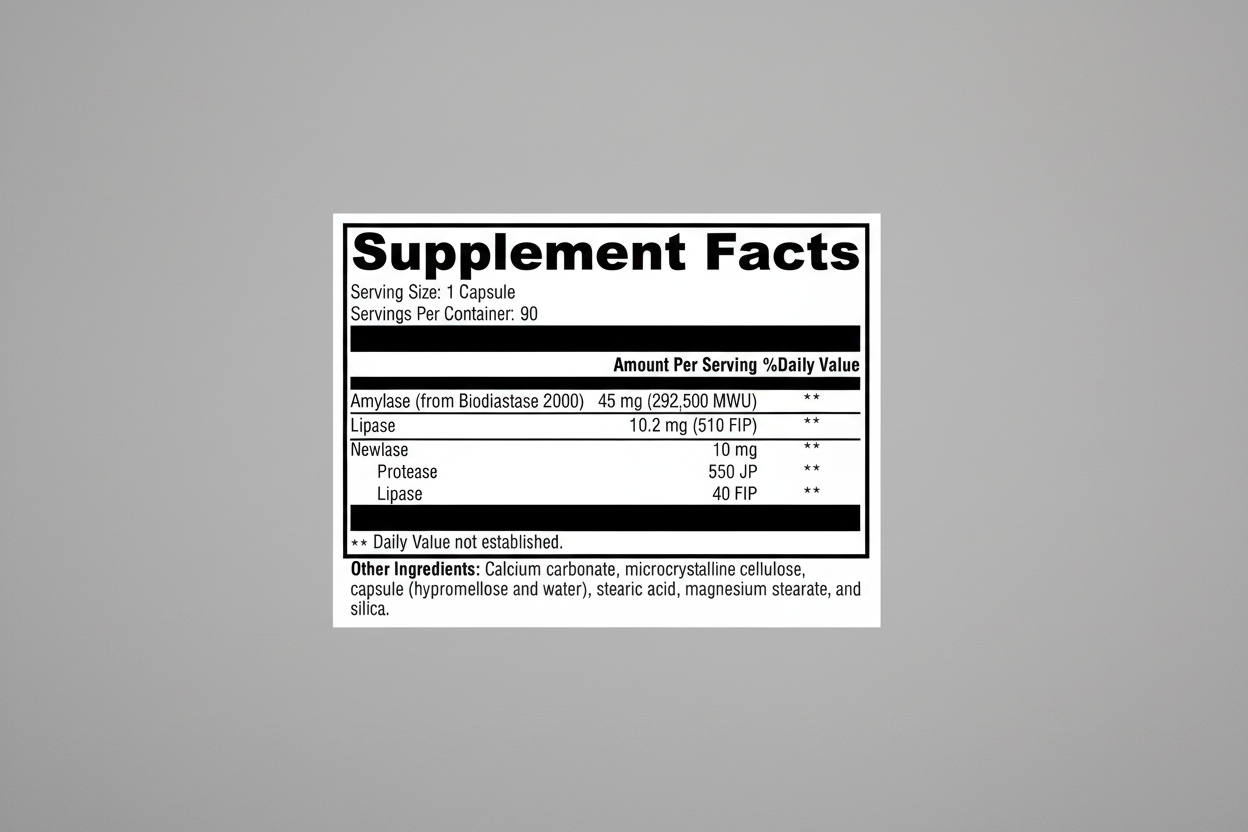 Supplement facts label with detailed nutritional information on a white background