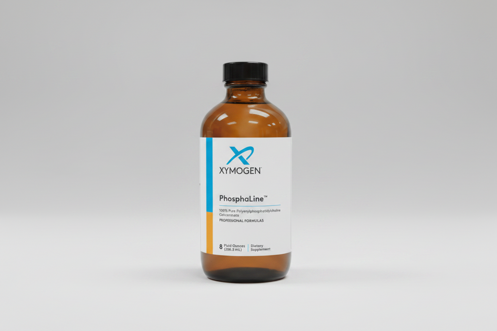 Bottle of Xymogen PhosphaLine dietary supplement on a white background