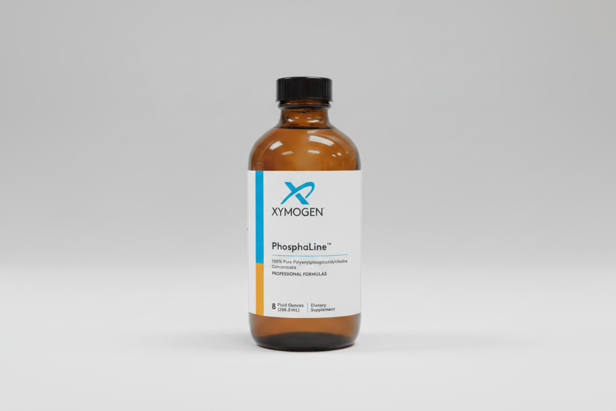 Bottle of Xymogen PhosphaLine dietary supplement on a white background
