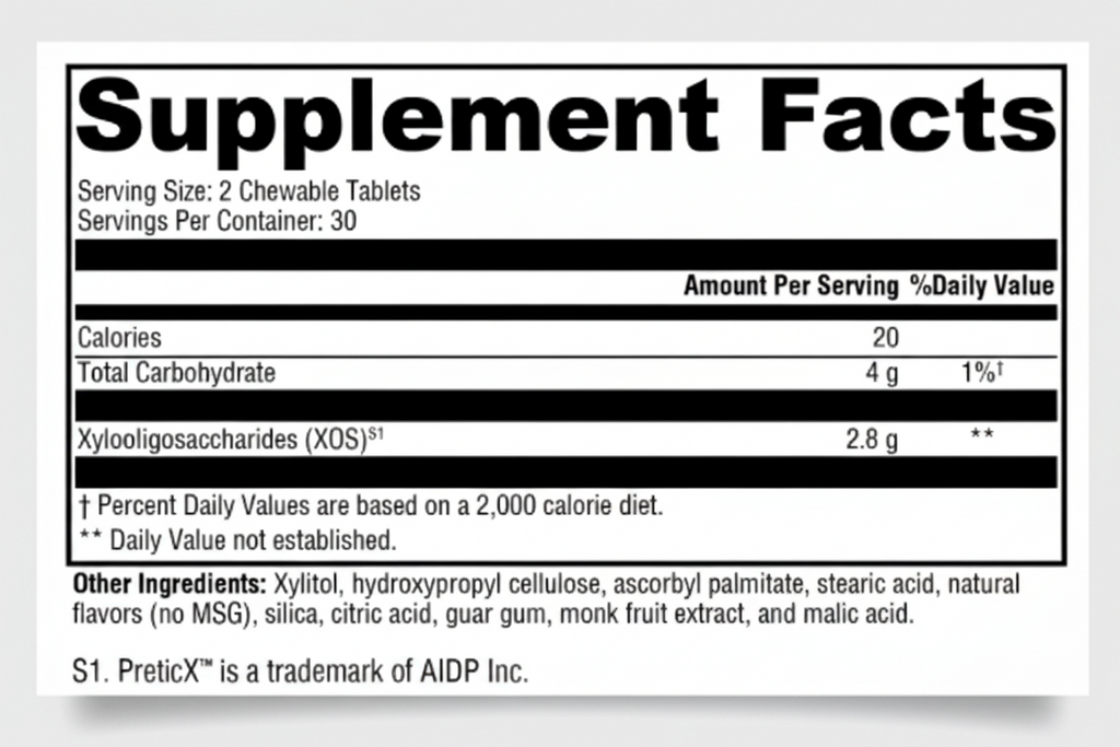Supplement facts label with nutritional information on a white background