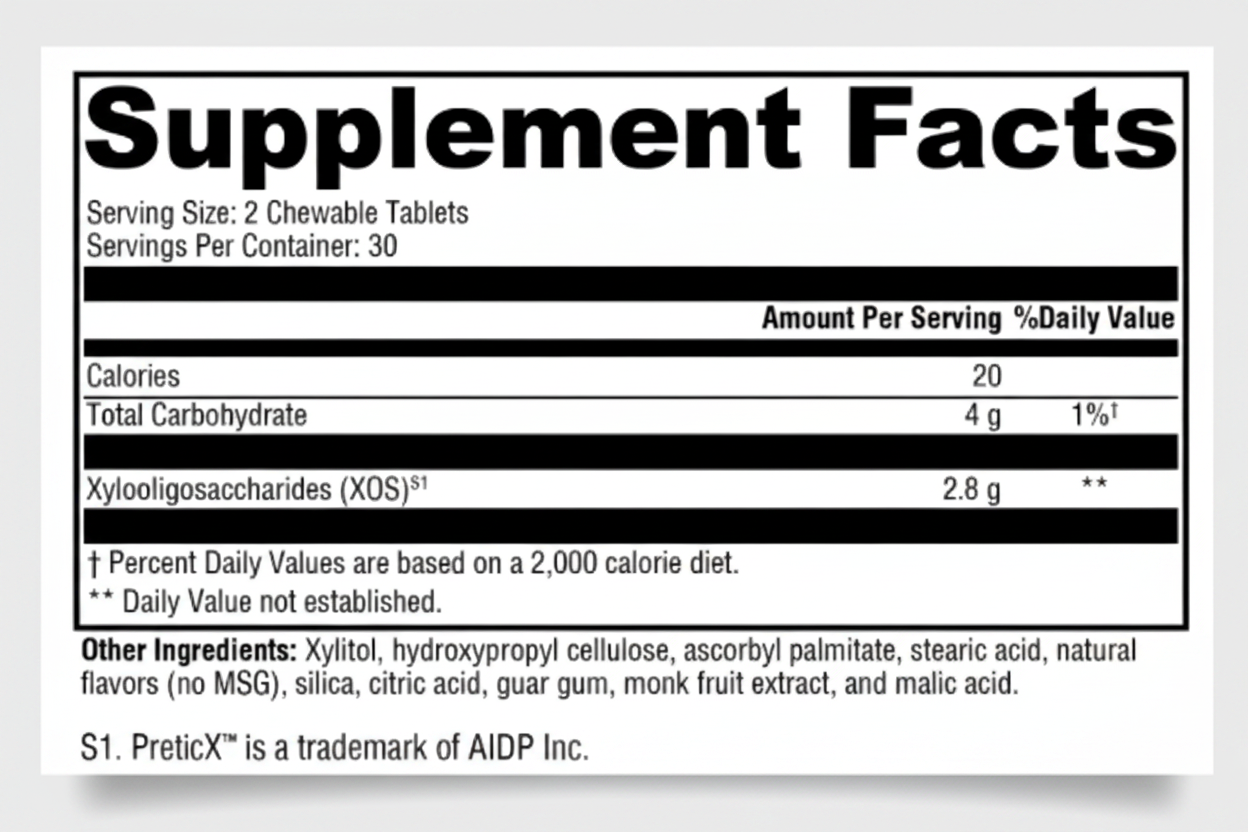Supplement facts label with nutritional information on a white background