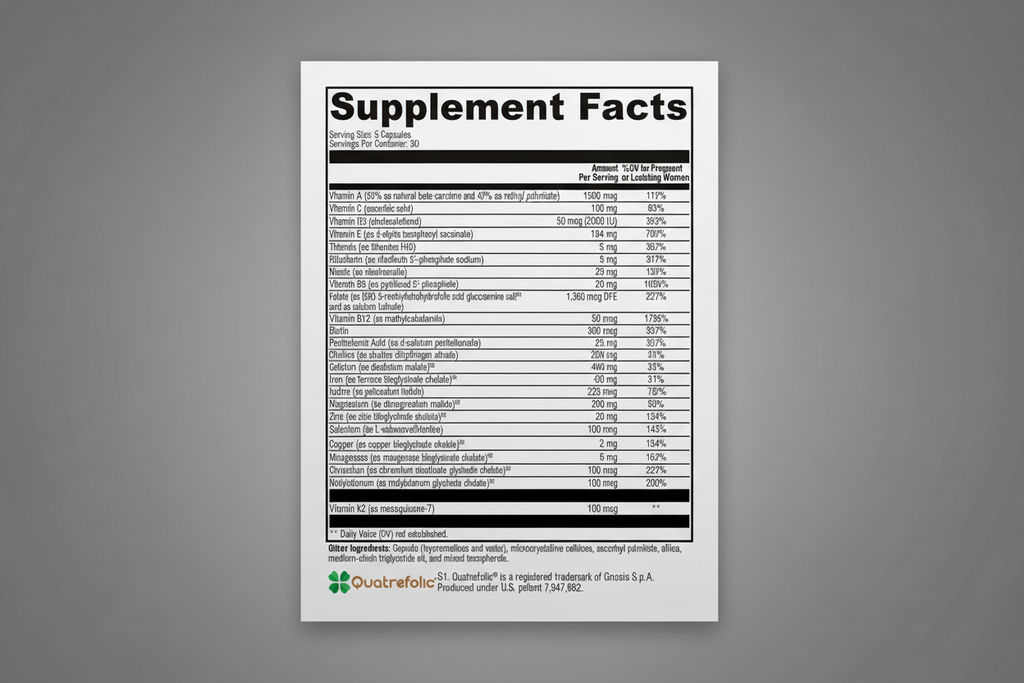 Supplement facts label with detailed nutritional information on a white background
