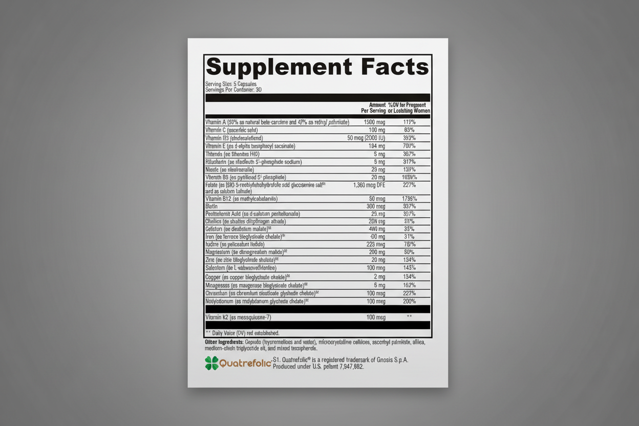 Supplement facts label with detailed nutritional information on a white background