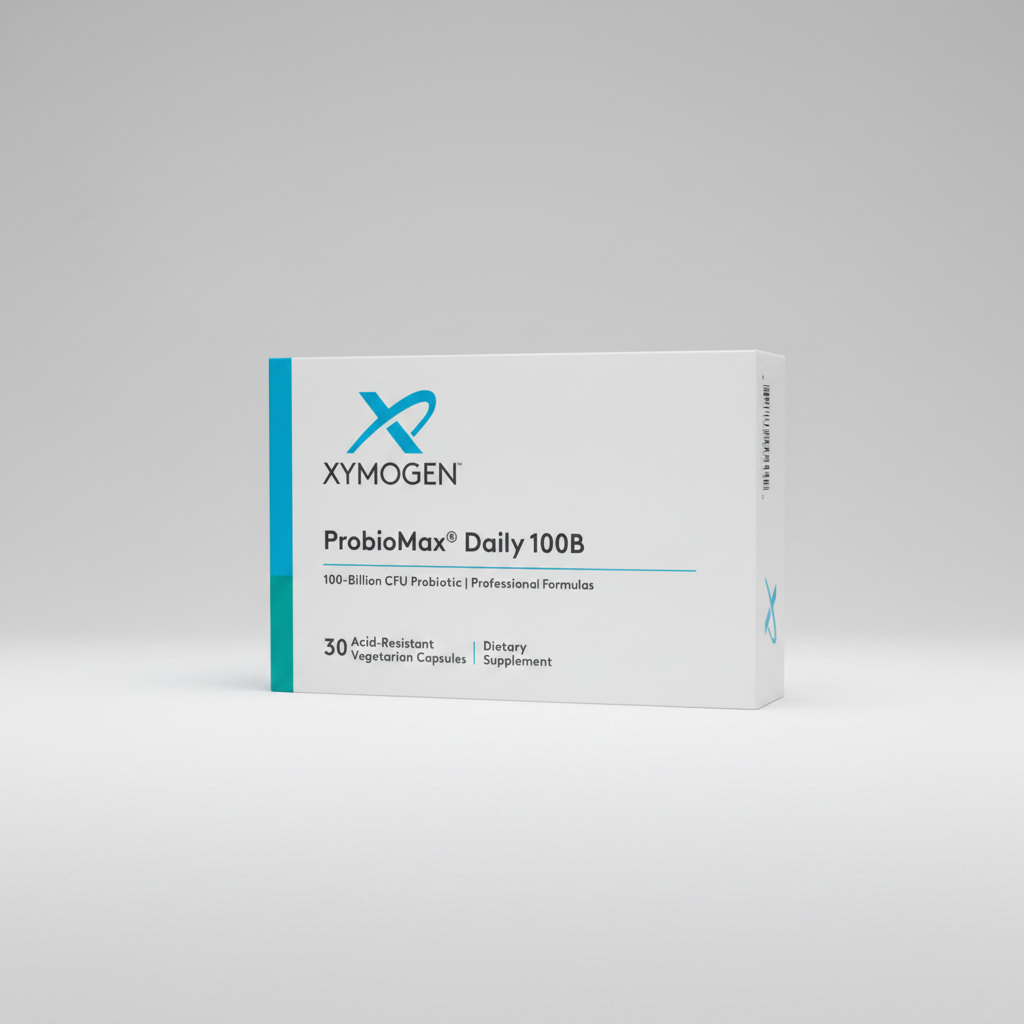 Xymogen Probiomax Daily 100B dietary supplement box on a white background