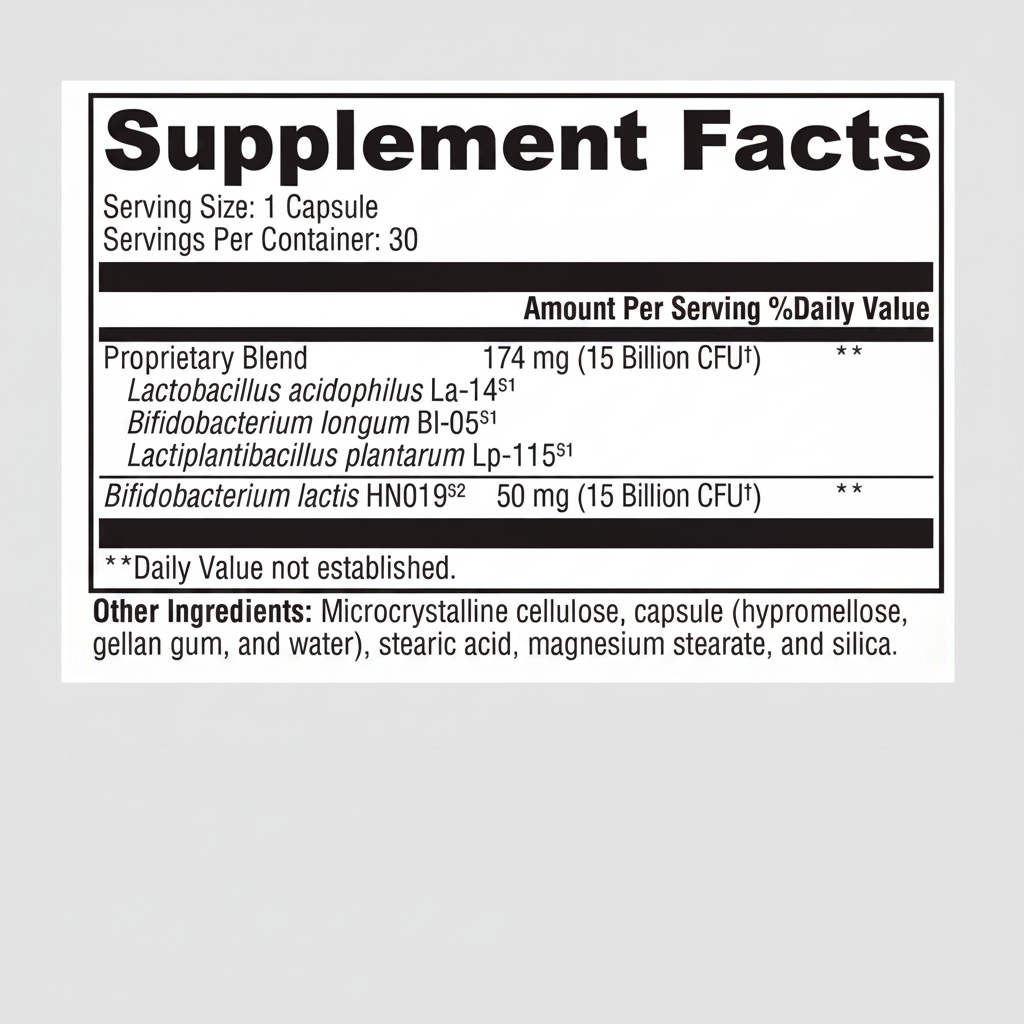 Supplement facts label with various probiotic strains and their amounts on a white background.