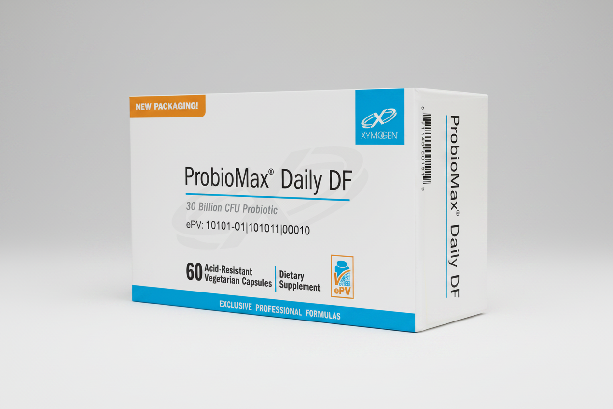 Box of ProbioMax Daily DF probiotic supplement with Xymogen branding.