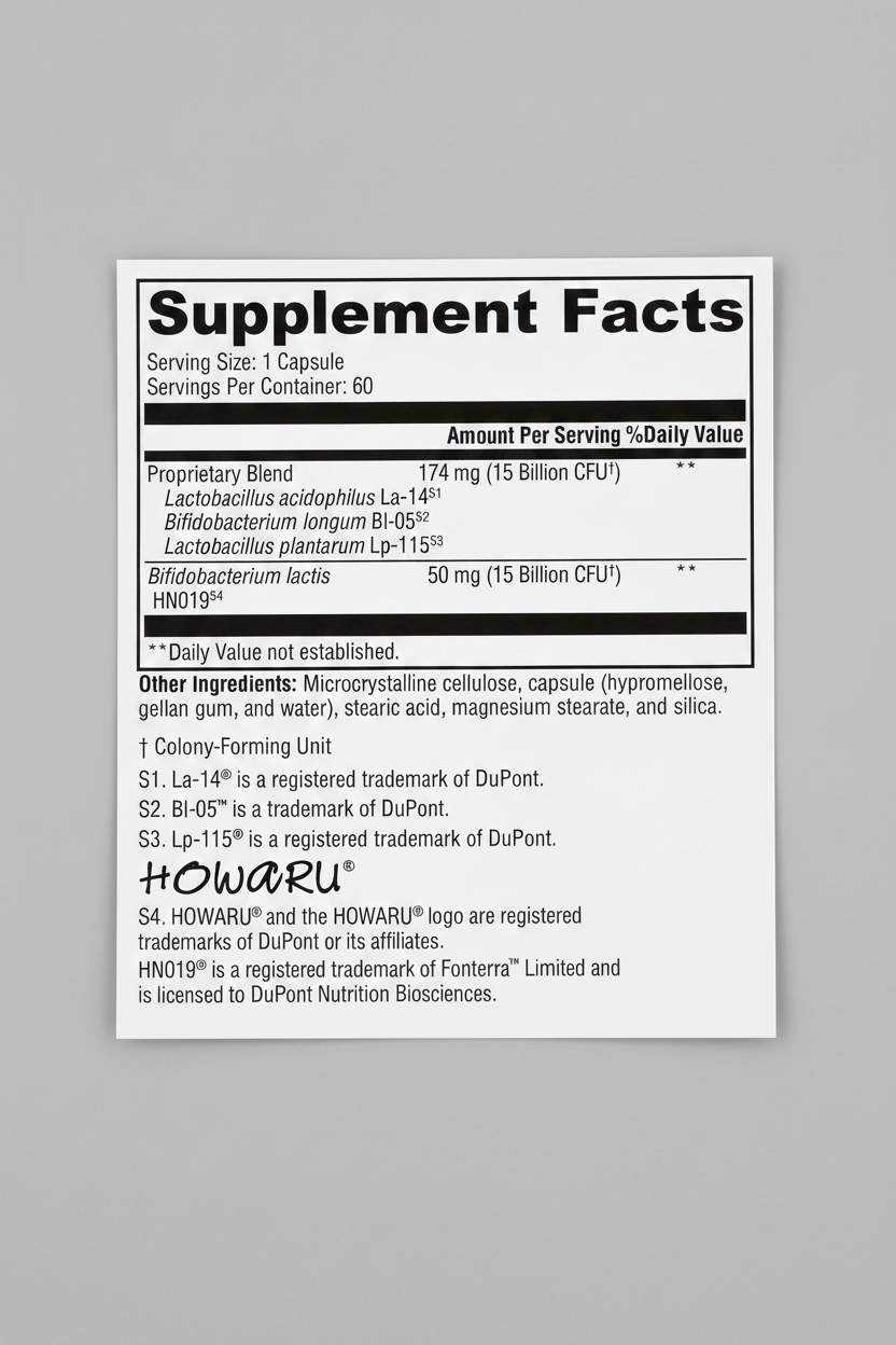 Supplement facts label for a probiotic product with various strains and their amounts.