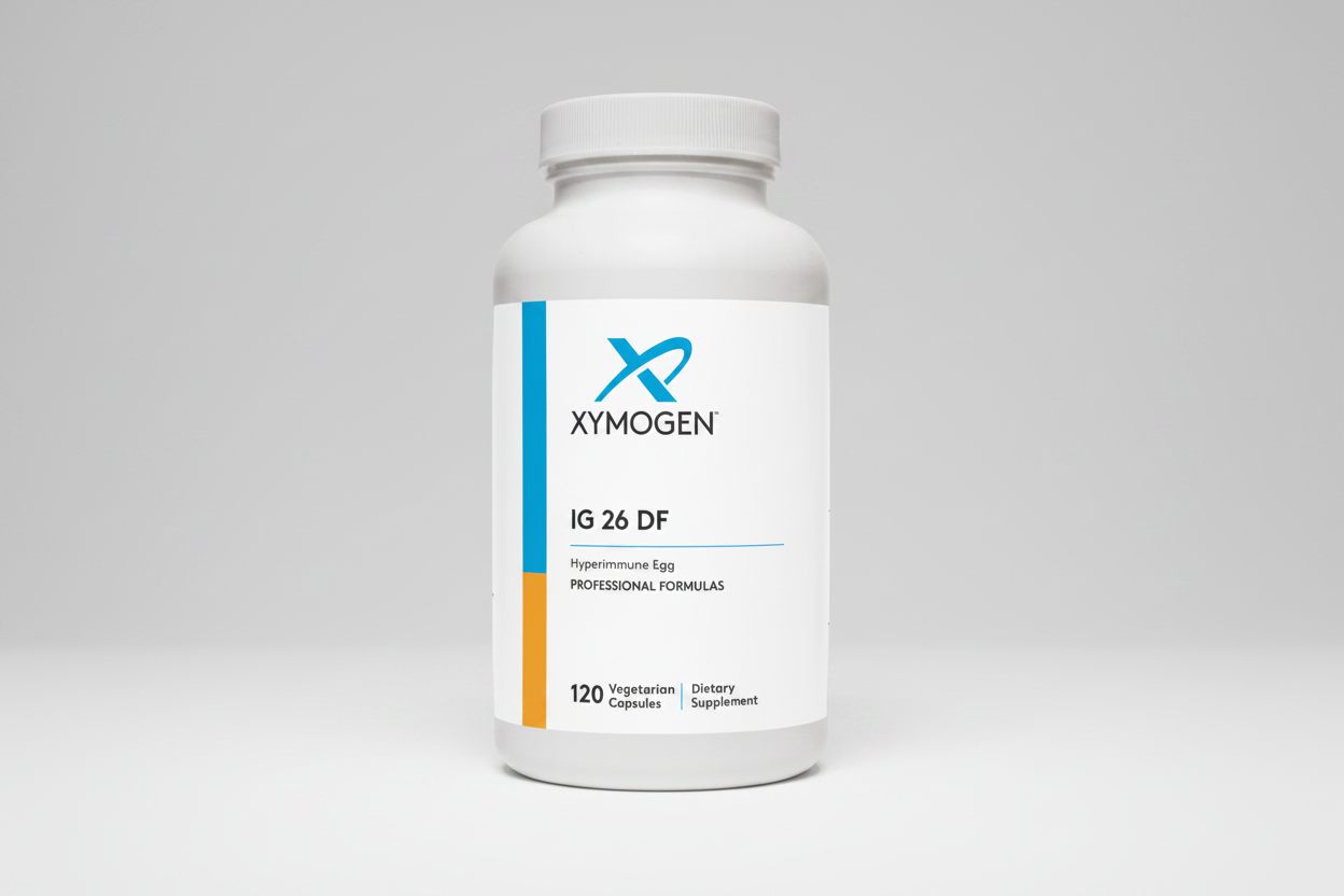 Xymogen IG 26 DF dietary supplement bottle on a white background