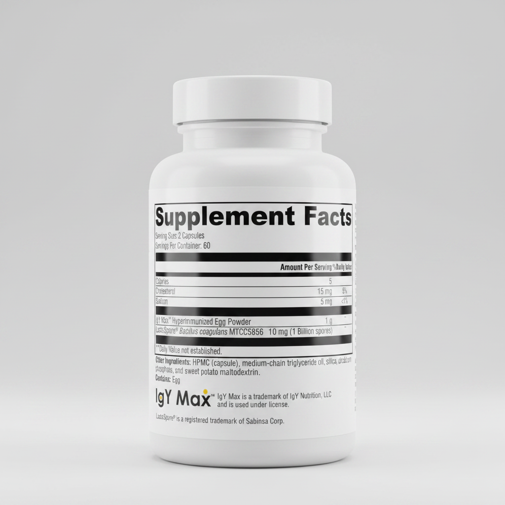 Supplement facts label for IgY Max with nutritional information and ingredient list.