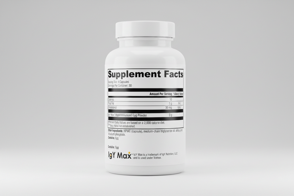 Supplement facts label for IgY Max Hyperimmunized Egg Powder on a white background
