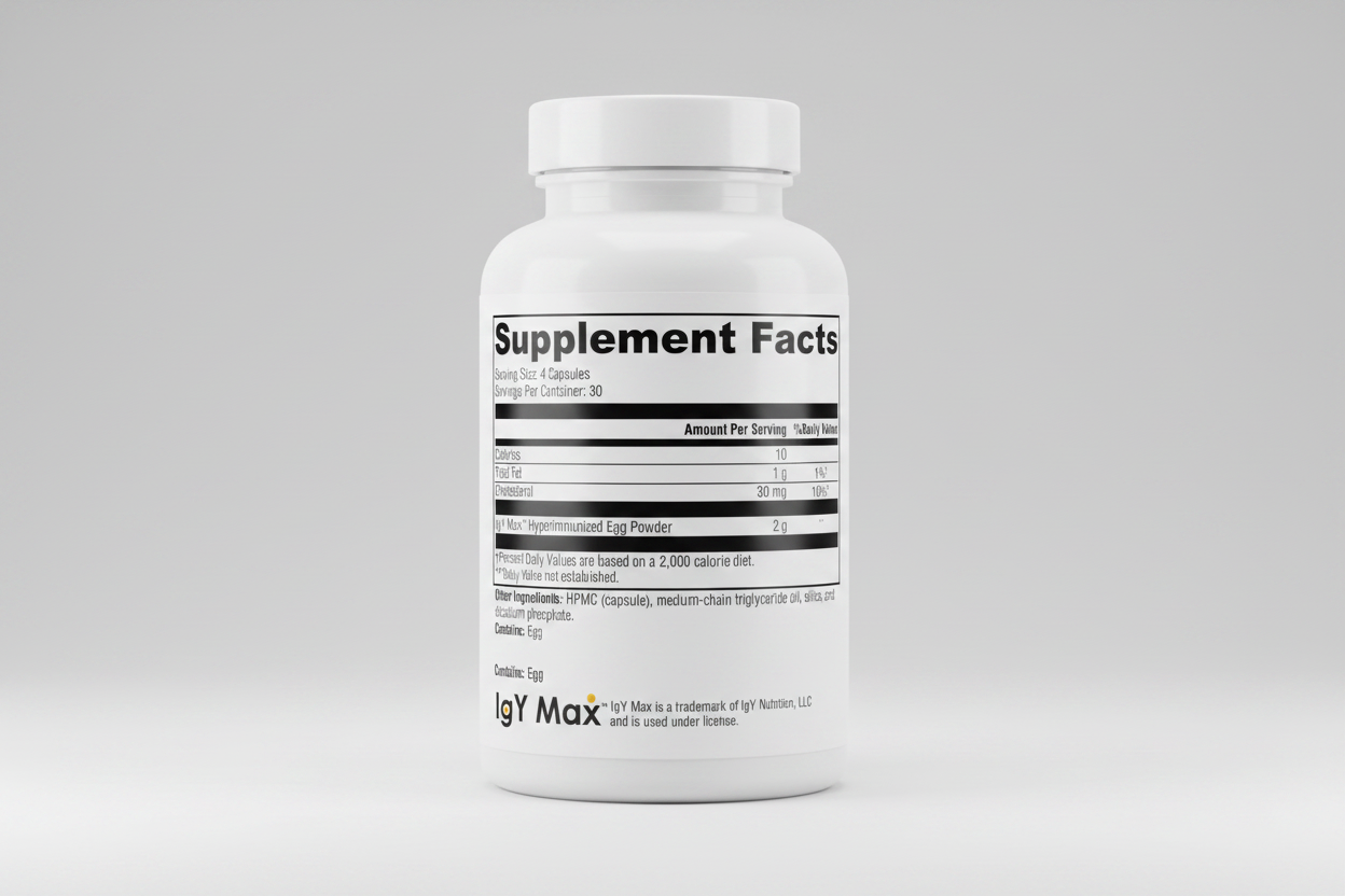 Supplement facts label for IgY Max Hyperimmunized Egg Powder on a white background