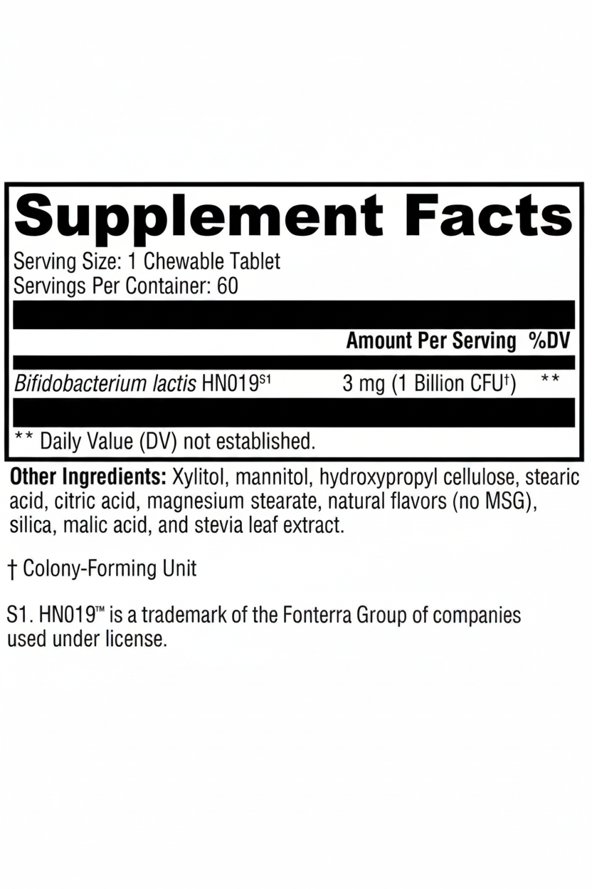 Supplement facts label for a chewable tablet with Bifidobacterium lactis HN019 on a white background.