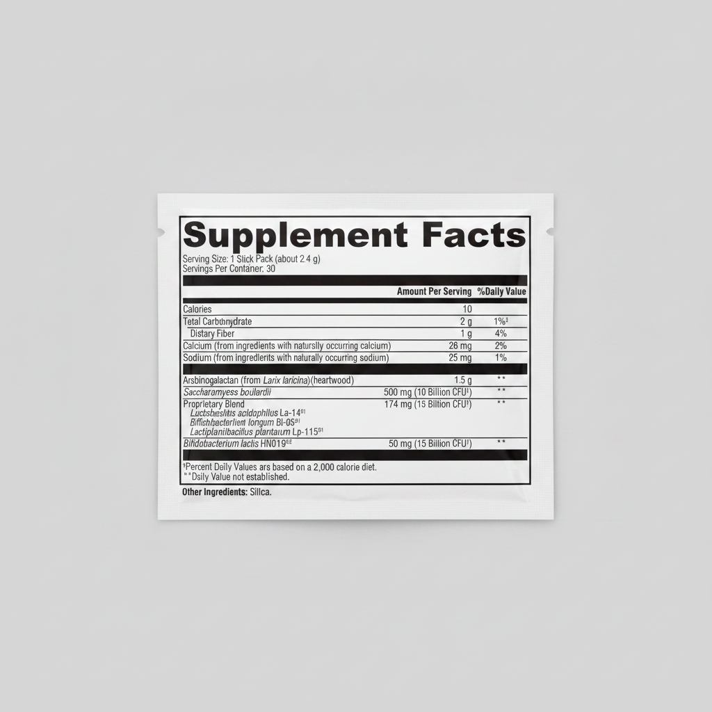 Supplement facts label with nutritional information and ingredients.