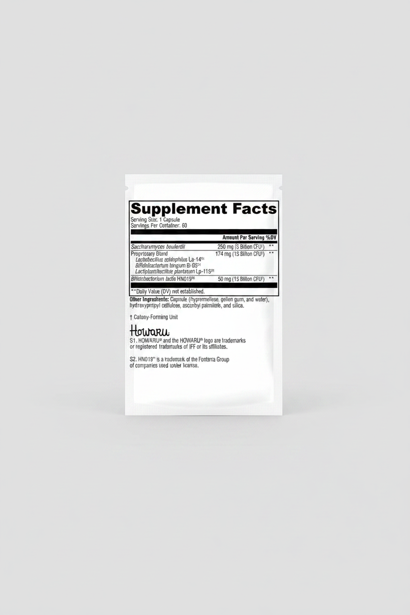 Supplement facts label with various microorganisms and their quantities on a white background.