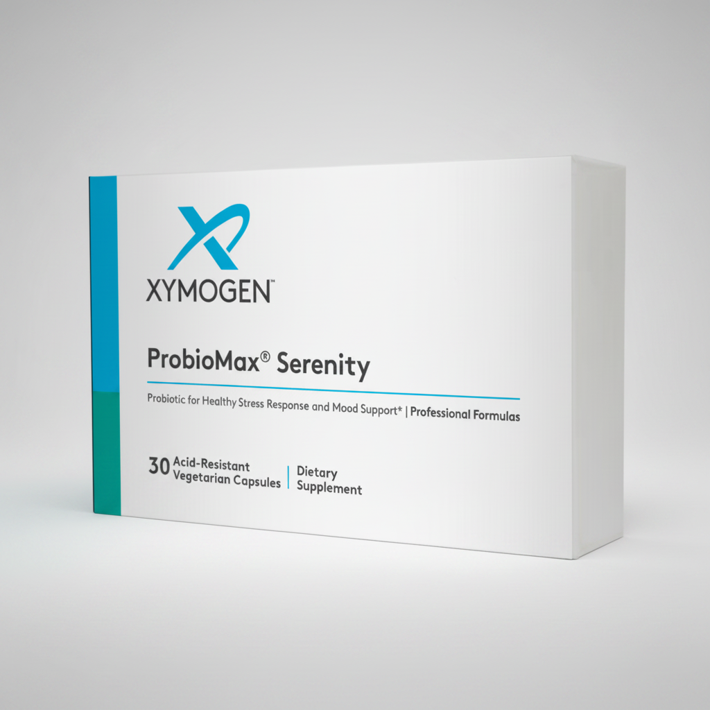 Xymogen ProbioMax Serenity dietary supplement box on a white background