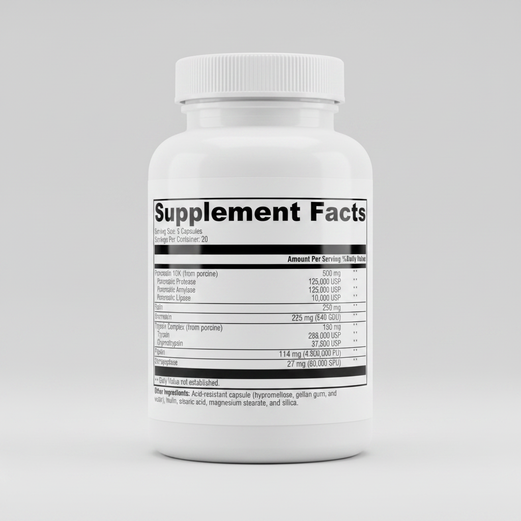 Supplement facts label with various enzymes and their amounts on a white background