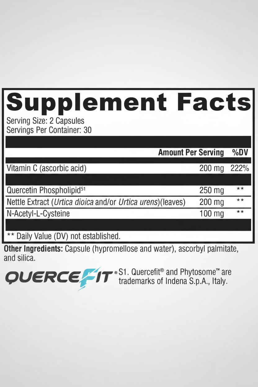 Supplement facts label for a Quercetif product on a white background
