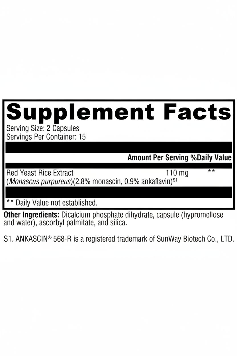 Supplement facts label for Red Yeast Rice Extract capsules on a white background