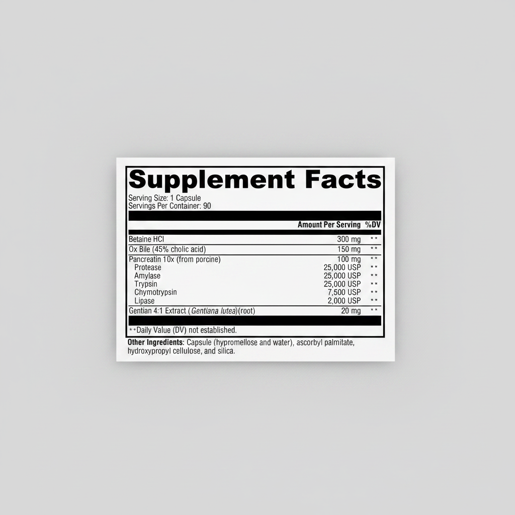Supplement facts label with detailed nutritional information on a white background