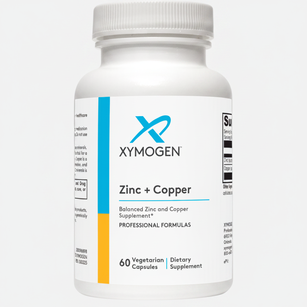 Xymogen Zinc + Copper supplement bottle on a white background