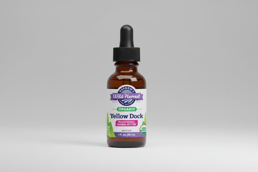 Bottle of Oregon's Wild Harvest Yellow Dock extract on a white background