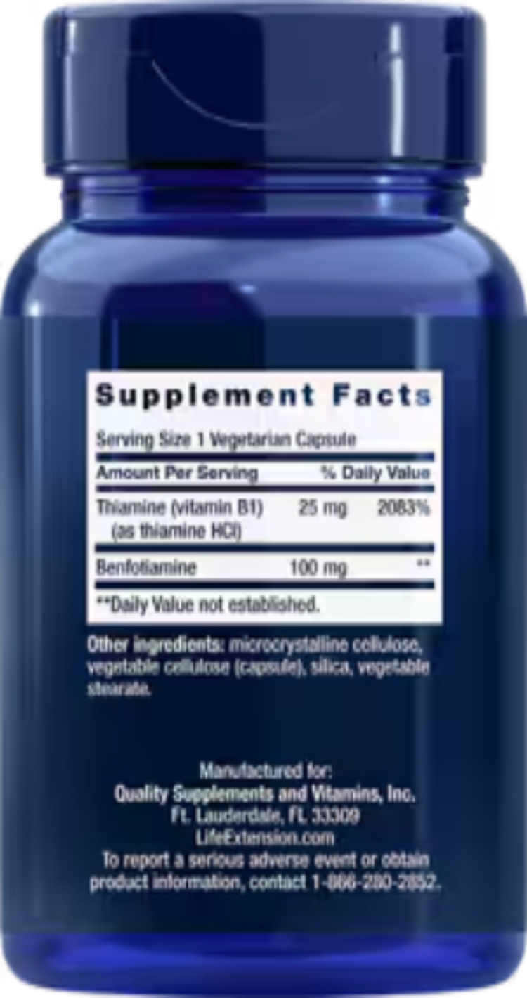 Life Extension Benfotiamine With Thiamine 100 mg 120 Vegetarian Capsules