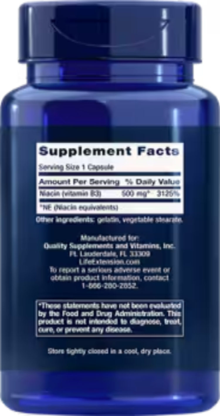 Life Extension Vitamin B3 Niacin 500 mg 100 Capsules