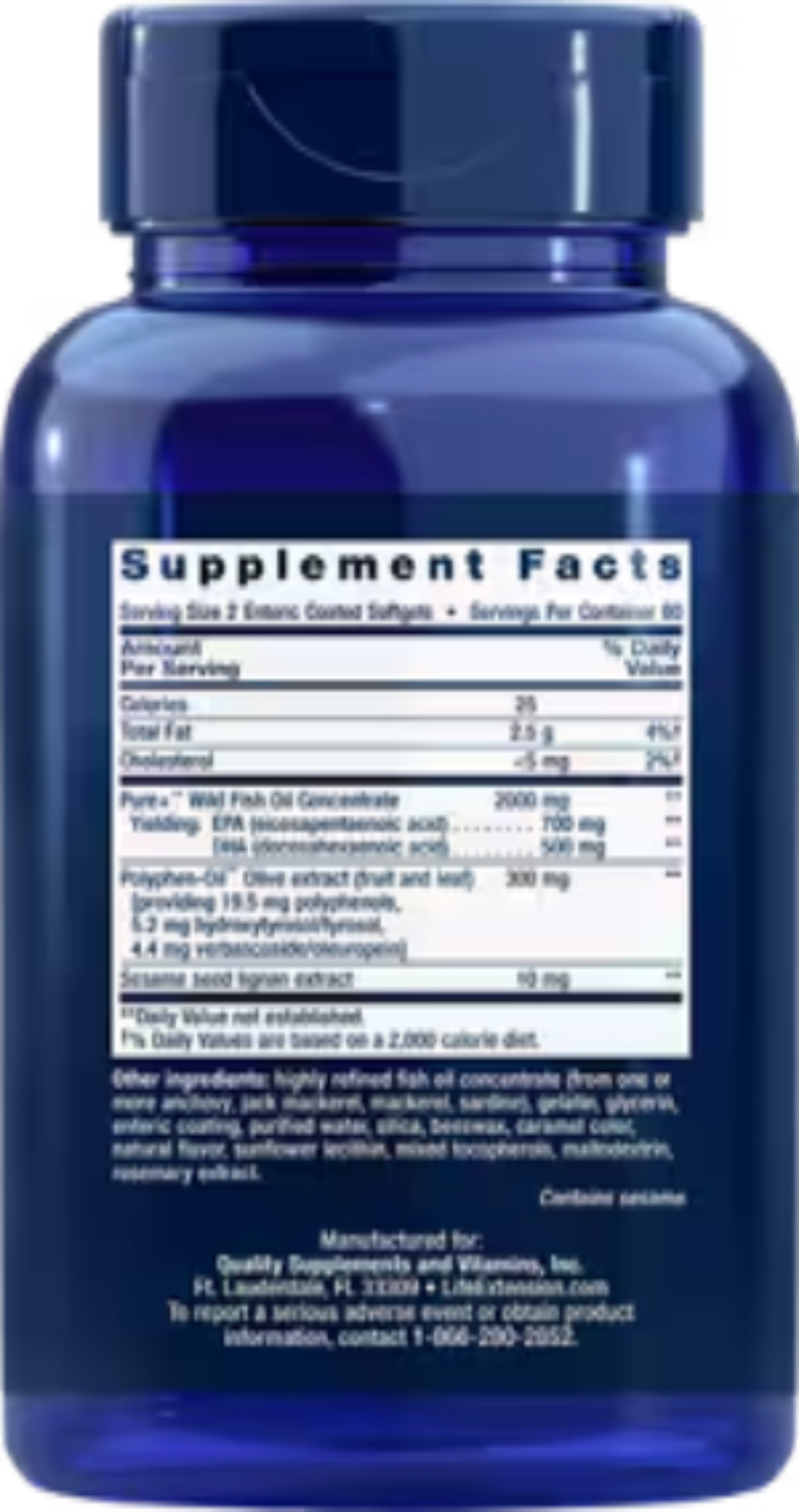 Life Extension Super Omega-3 EPA/DHA Fish Oil Sesame Lignans & Olive Extract  120 Enteric-Coated Softgels