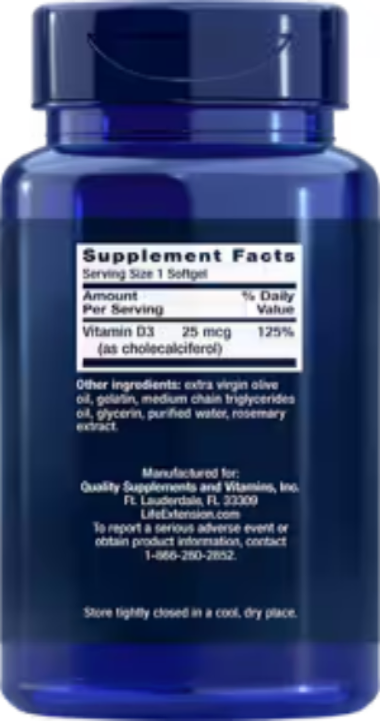 Life Extension Vitamin D3 25 mcg 1000 IU 250 Softgels