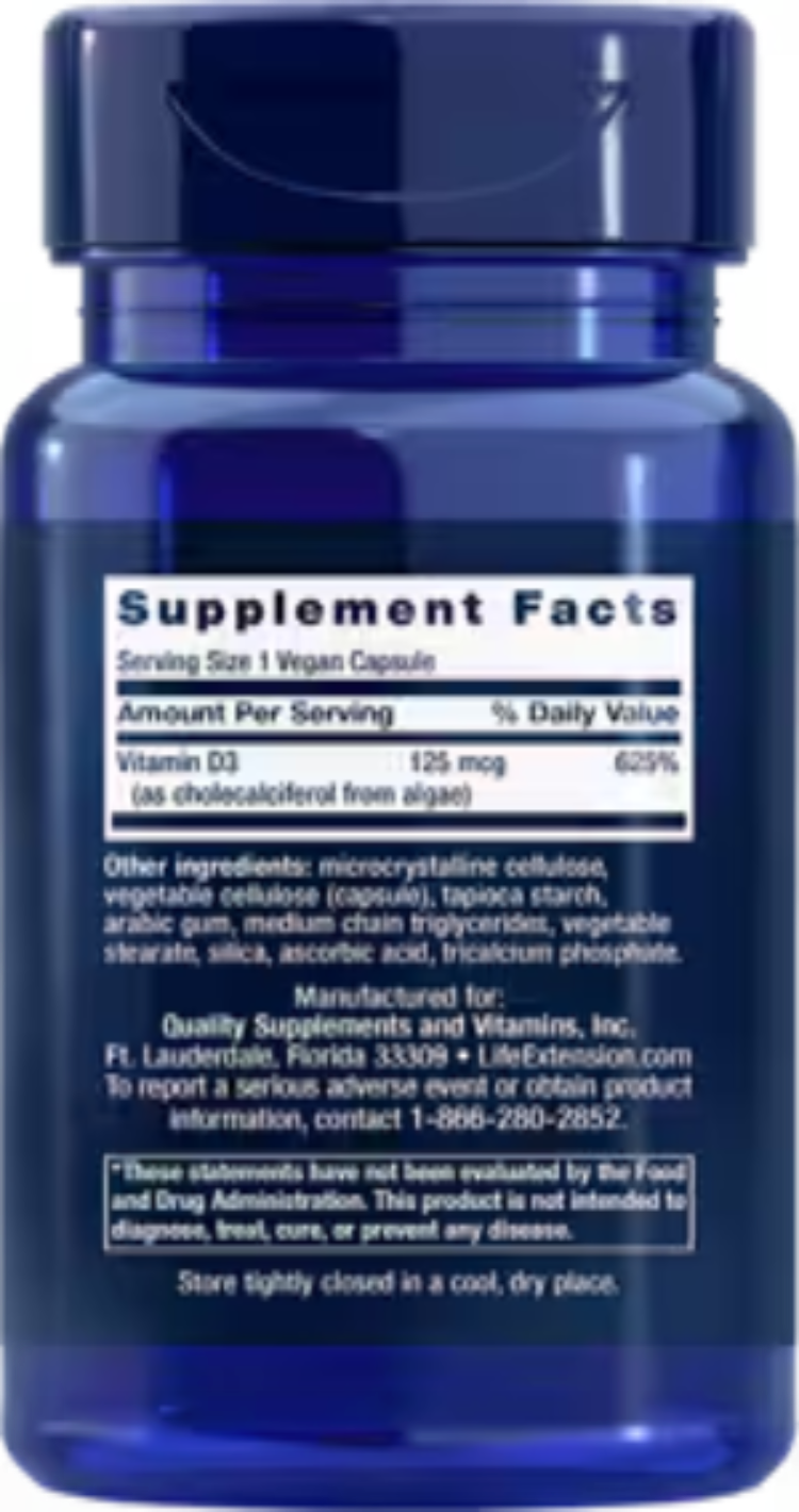 Life Extension Vegan Vitamin D3 125 mcg 5000 IU 60 Vegan Capsules