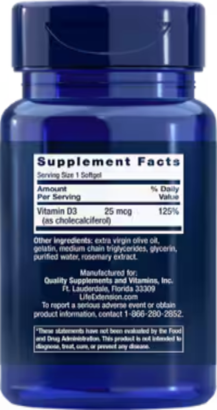 Life Extension Vitamin D3 25 mcg 1000 IU 90 Softgels