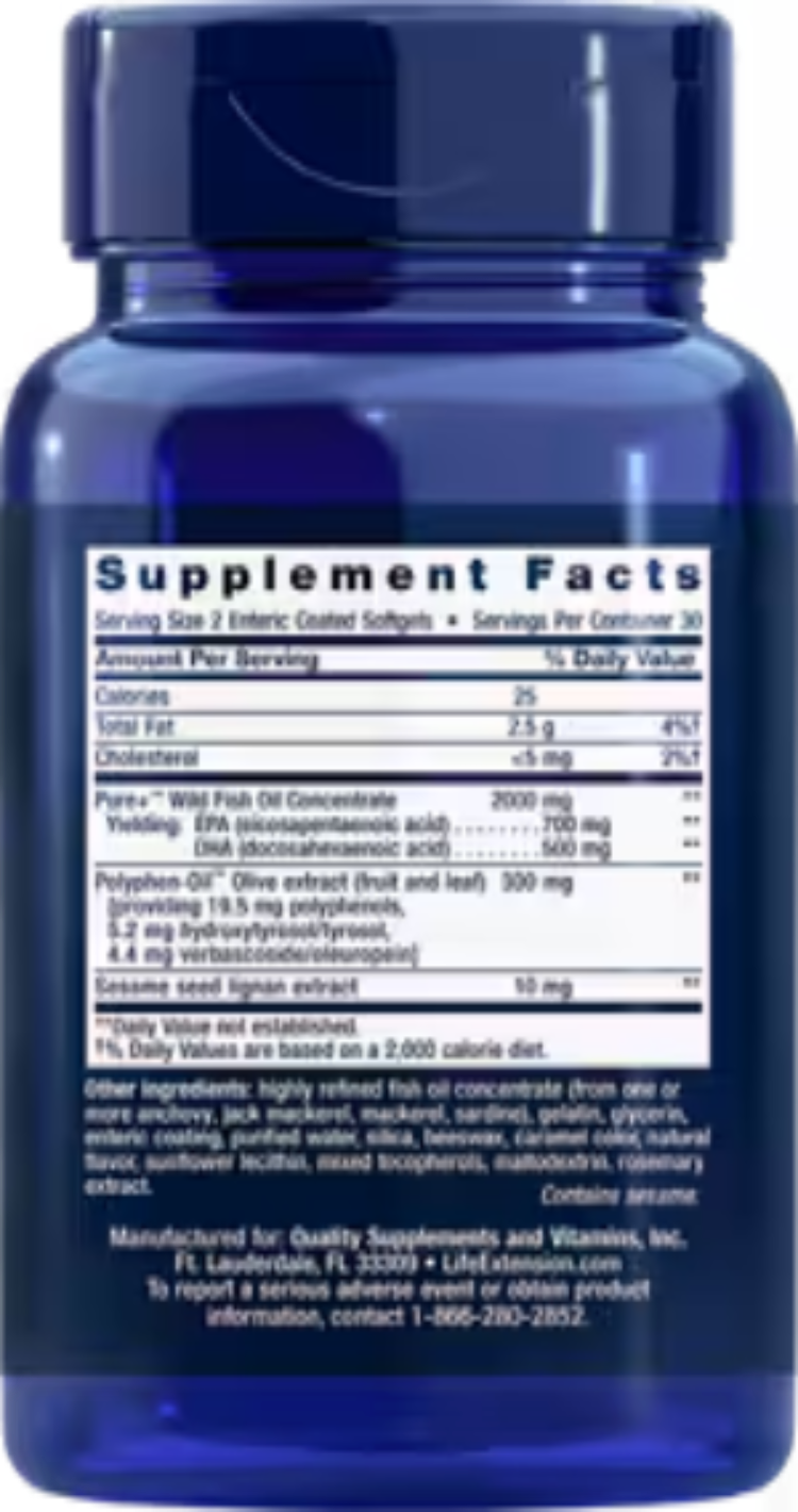 Life Extension Super Omega-3 EPA/DHA Fish Oil Sesame Lignans & Olive Extract 60 Enteric-Coated Softgels