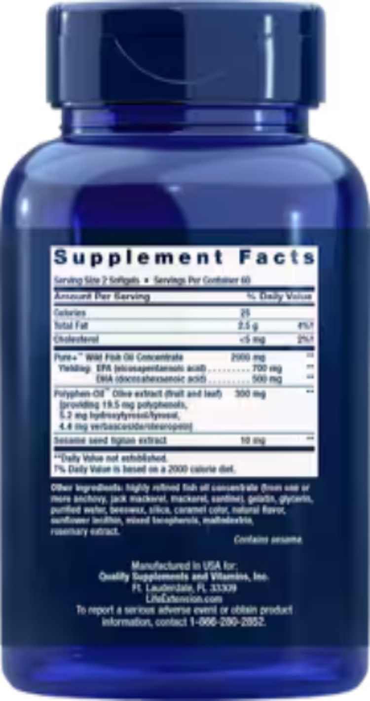 Life Extension Super Omega-3 EPA/DHA Fish Oil Sesame Lignans & Olive Extract 120 Softgels
