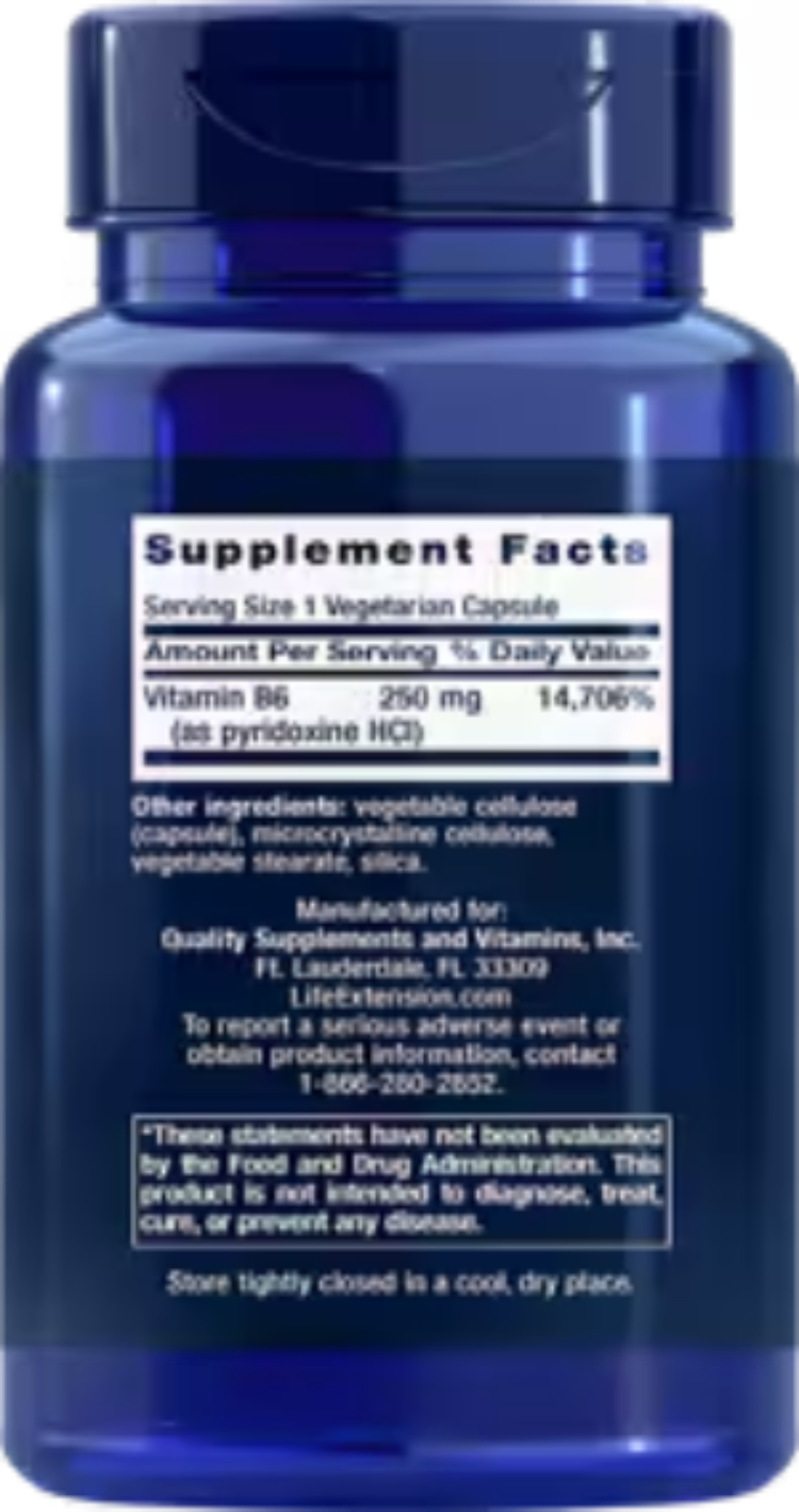 Vitamin B6 (Pyridoxine) – 250 mg, 100 Veg Capsules