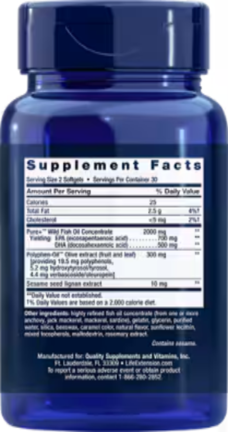 Life Extension Super Omega-3 EPA/DHA Fish Oil Sesame Lignans & Olive Extract 60 Softgels