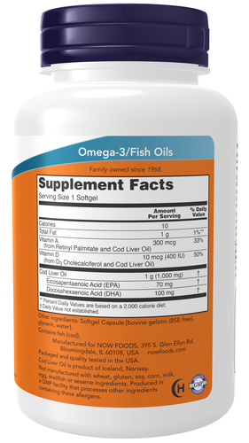 NOW Foods Cod Liver Oil Extra Strength 1000 mg 90 Softgels | Omega-3 + Vitamins A & D