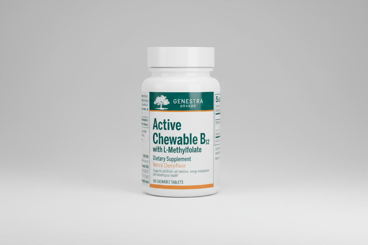 Genestra Brands Active Chewable B12 with L-Methylfolate Cherry Flavor - 60 Tablets